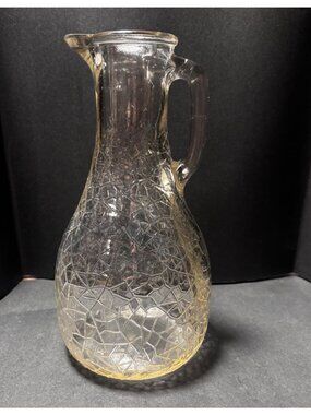 Vintage 1960s Crackle Glass Pitcher With Handle & Spout